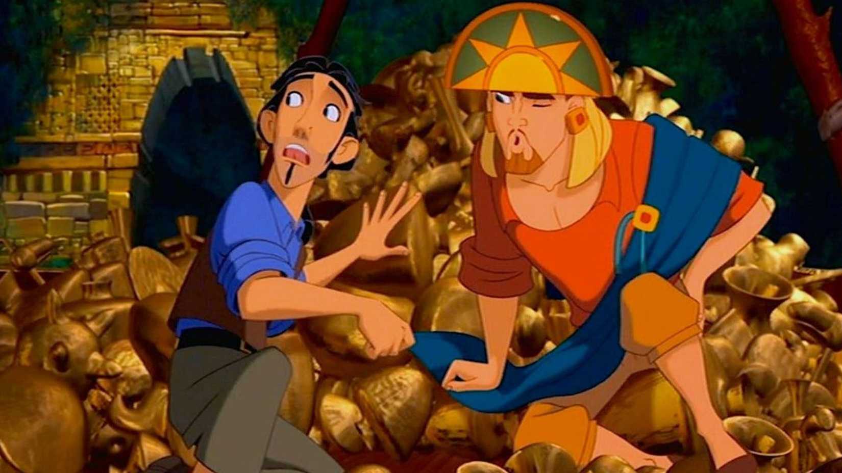 Miguel and Tulio are surrounded by treasure in The Road To El Dorado