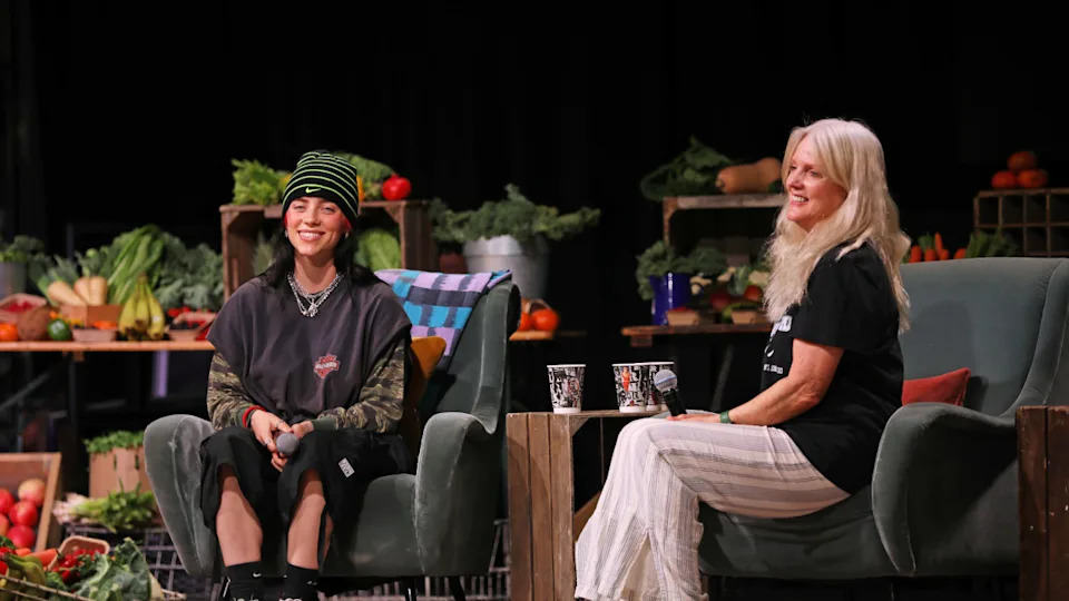 Billie Eilish and her mother Maggie Baird speak on stage during Overheated, a live climate action event presented by Support + Feed and Billie Eilish at Flipper's Roller Boogie Palace on August 30, 2023 in London, England. Dave Bennett/Getty Images