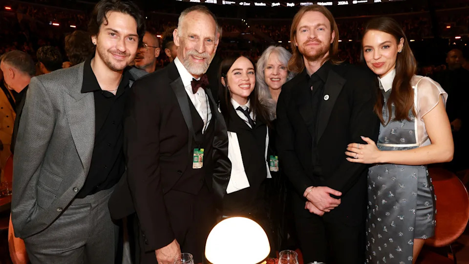 Nat Wolff, Patrick O'Connell, Billie Eilish, Maggie Baird, Finneas O'Connell and Claudia Sulewski attend the 68th Annual GRAMMY Awards at Crypto.com Arena on February 01, 2026 in Los Angeles, California. Kevin Mazur/Getty Images for The Recording Academy
