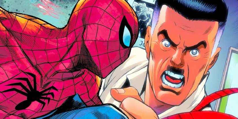 Comic book art: J. Jonah Jameson and Spider-Man in front of him.