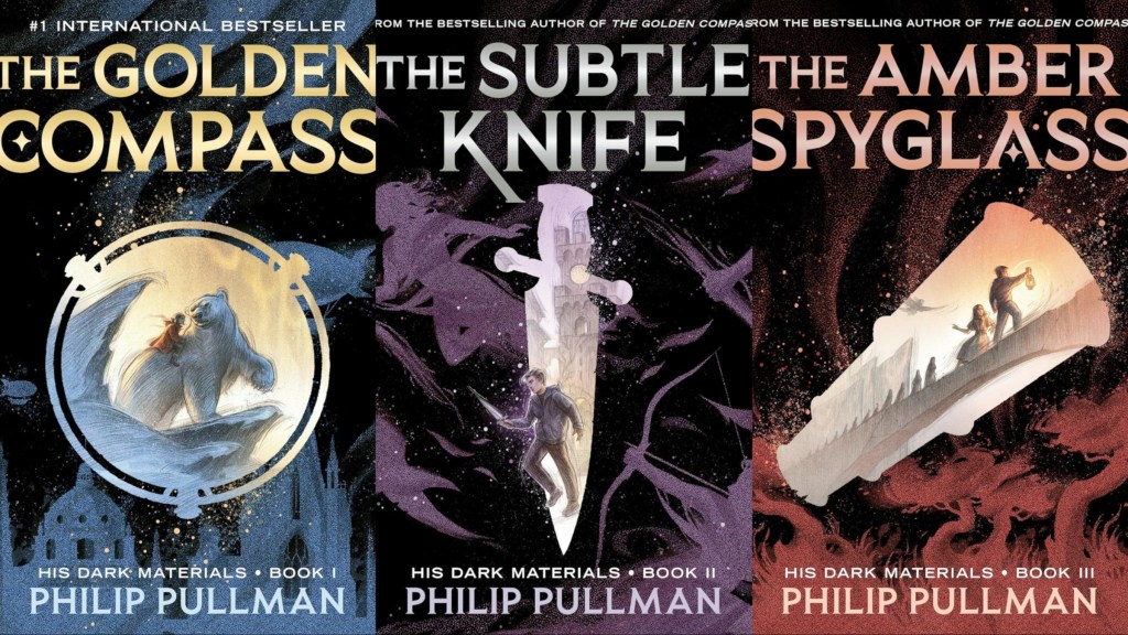 Covers for The Golden Compass, The Subtle Knife, and The Amber Spyglass
