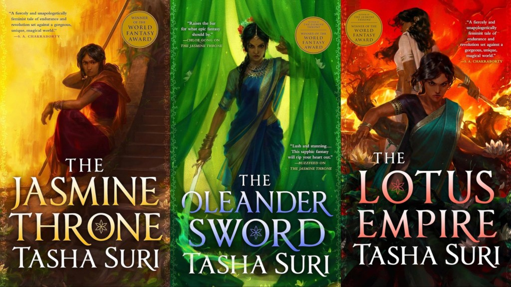 Covers for The Jasmine Throne, The Oleander Sword, and The Lotus Empire