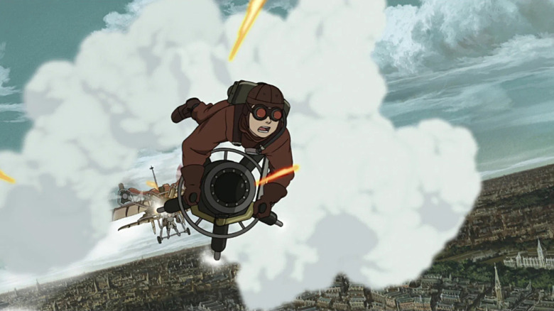 James Ray Steam flies away from the plane in his steamboat Steamboy