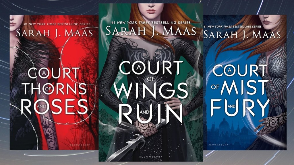 The cover of A Court of Thorns and Roses, A Court of Wings and Ruin, and A Court of Mist and Fury against the sky.