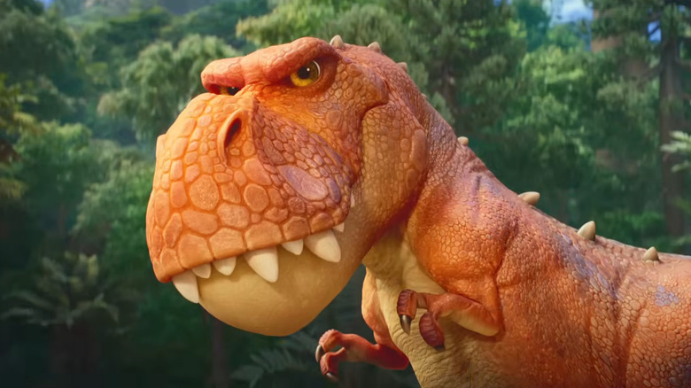 The T-rex is facing left in Paw Patrol: The Dino Movie