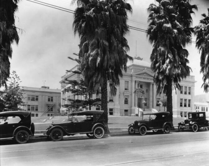 Black and white photo of a row of vintage cars parked in front of palm trees and a