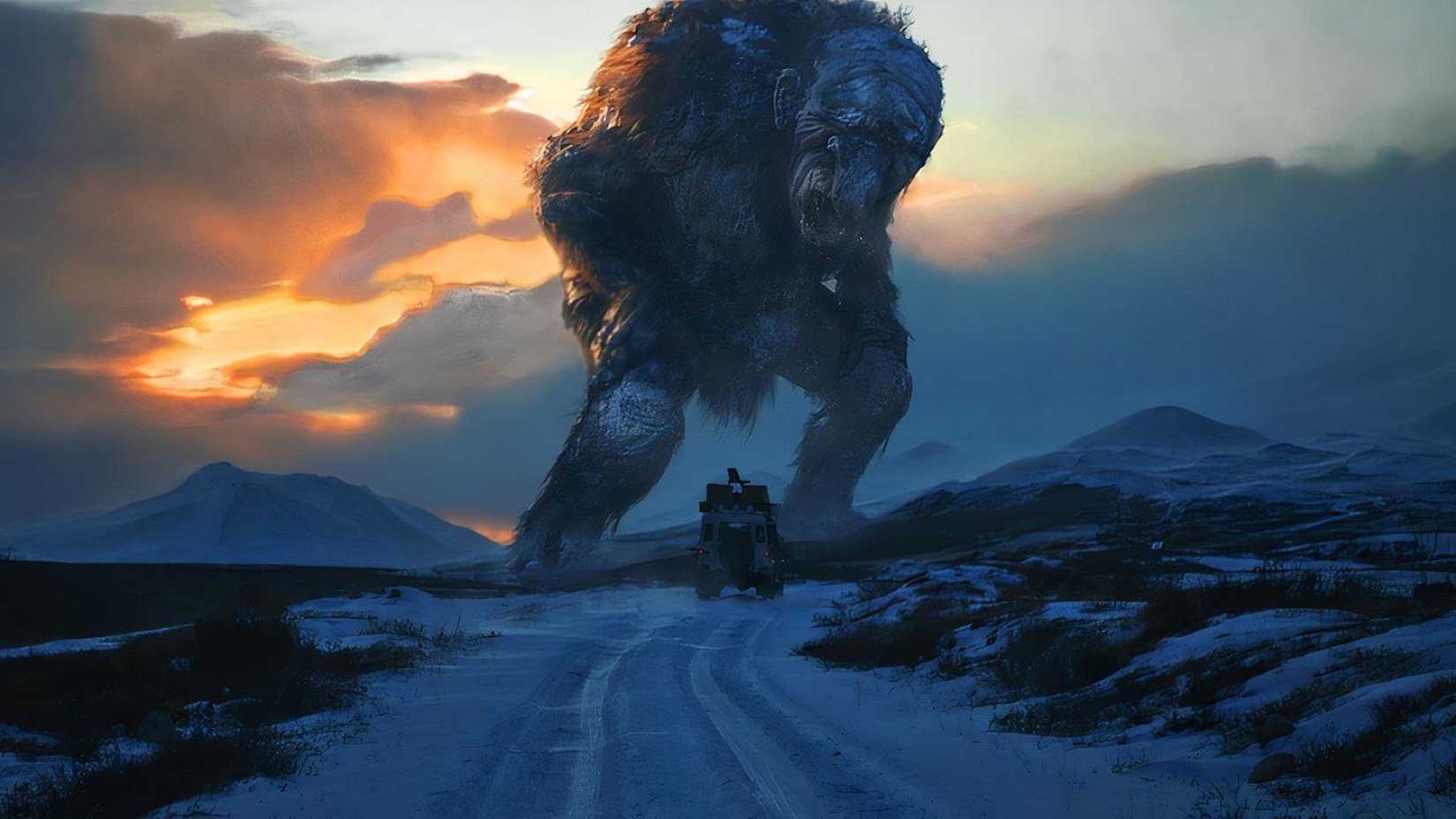 A large troll is standing on top of a car in the middle of the road in Troll Hunter