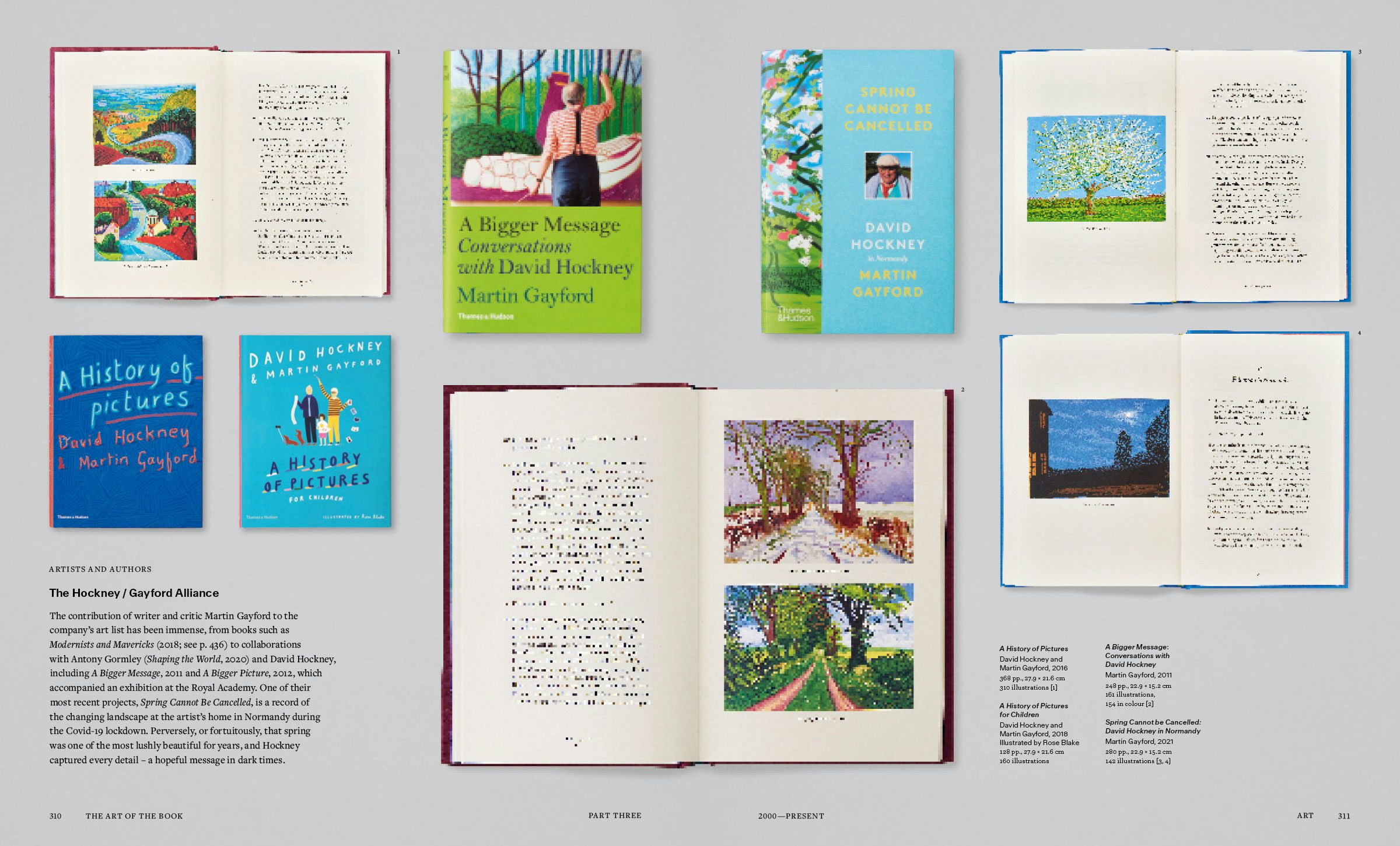 An inside publication in The Art of the Book featuring David Hockney's various books published by Thames & Hudson
